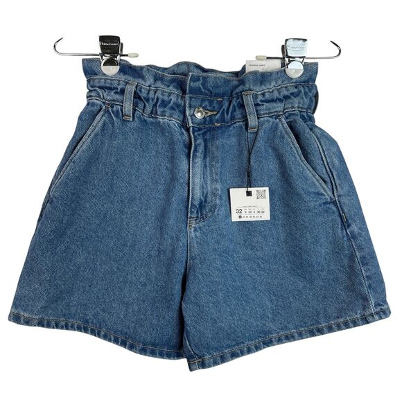 Zara Pants - ZARA Women’s Paperbag Shorts Size 0 Blue Rigid Denim High Rise Pockets Summer